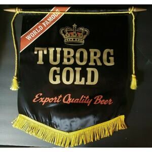 Tuborg gold beer adv fringed silk banner wood hangar braided tasseled rope U139